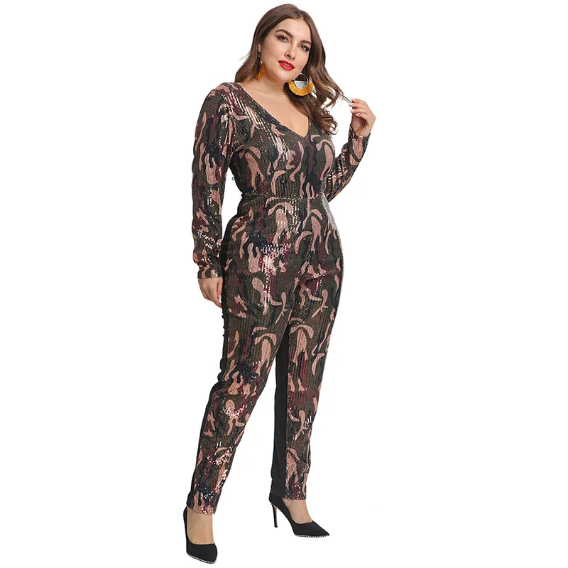 

Round neck tight PARTY sequin jumpsuit Multi-size women's jumpsuit Flower pattern jumpsuit charm jumpsuit Camouflage jumpsuit