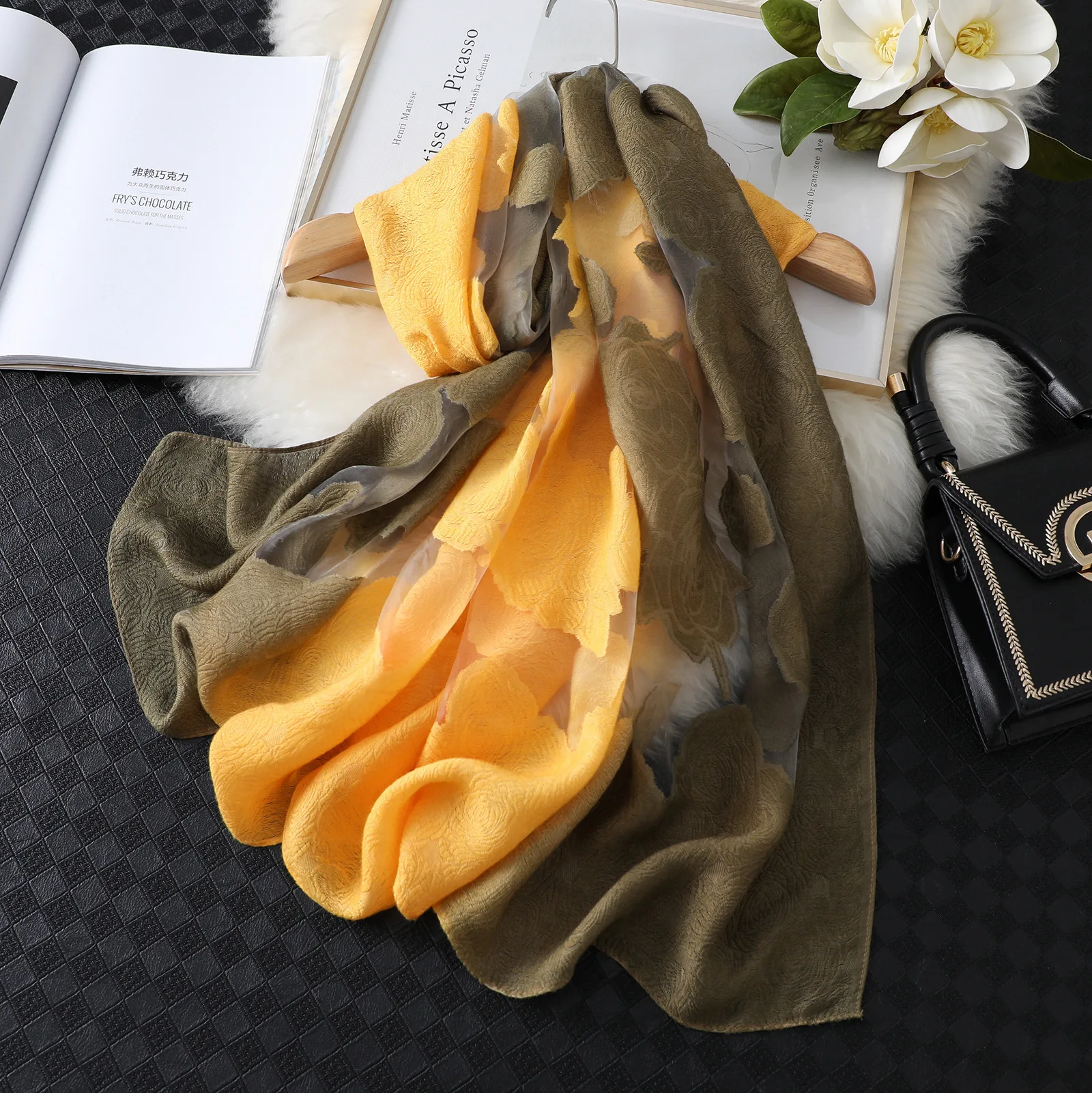 Длинный Шифоновый мягкий шарф с принтом цветущего персика, Женская шаль, шарфы черного цвета от AliExpress WW