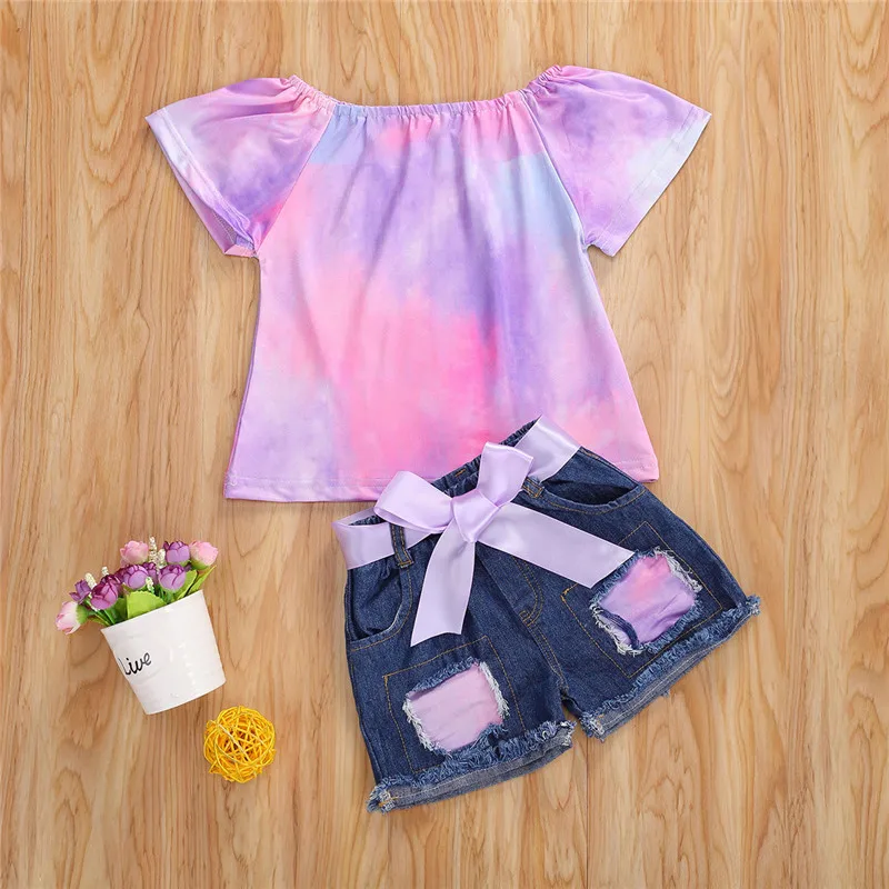 

1-6Y Summer Fashion Kids Girls Clothes Set Leopard/Tie-dye Print Ruffles Sleeve Pullover T Shirts Top Denim Shorts Children Sets