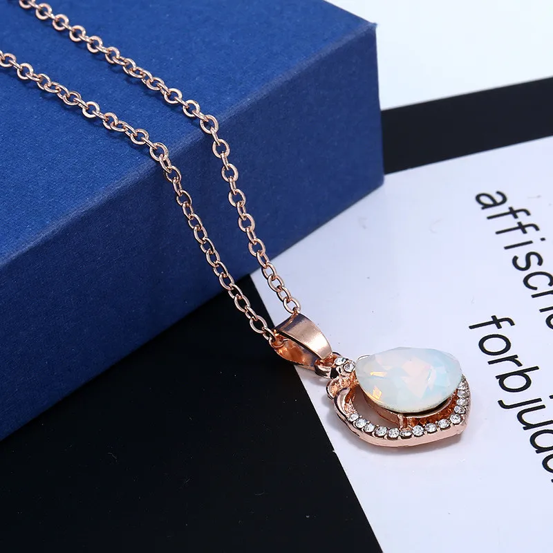 

Luxury Female White Moonstone Jewelry Set Charm Rose Gold Color Dangle Earrings For Women Cute Crystal Wedding Chain Necklace