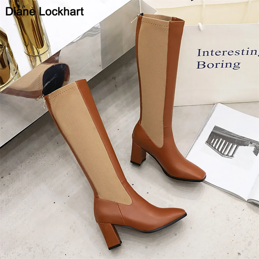 

Fashion Woman Boots Square Heel Knee-High Classic Square Toe Boots PU Leather Slip-on Boots Party Dress Dance Shoes Botas mujer