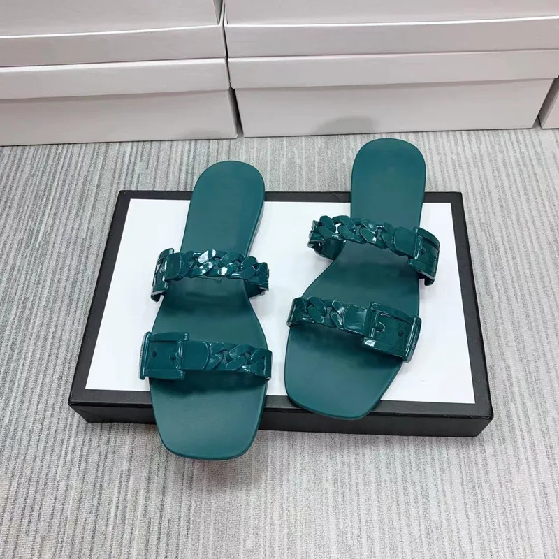 

2021 summer g new straight chain slippers show leg length flat bottom fashion PVC jelly beach shoes women's slippers
