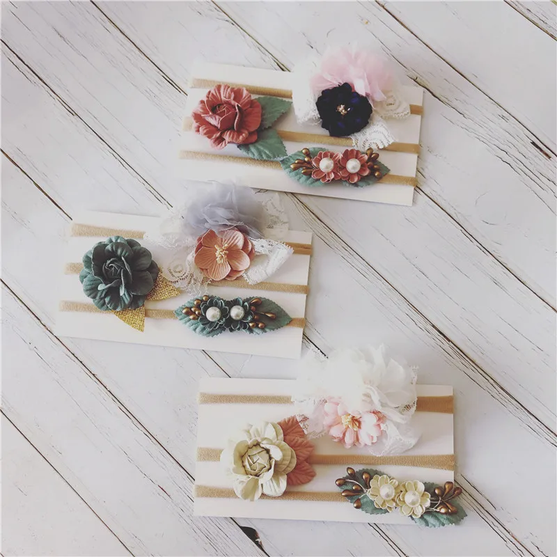 Детская нейлоновая повязка для волос из трех частей ручной работы с цветами