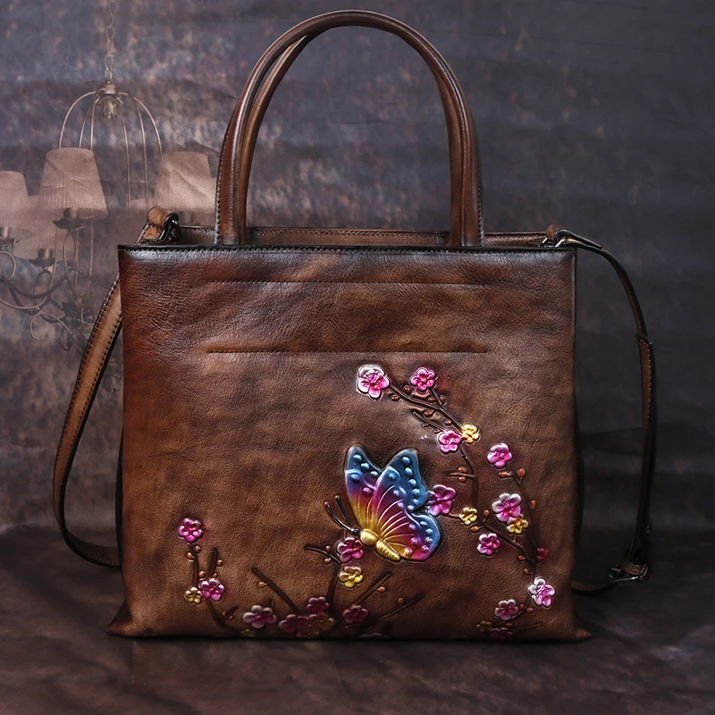 Genuine Leather Messenger Shoulder Women Bag Floral Pattern Retro Printing Natural Skin Tote Bags Female Embossing Handbag | Багаж и сумки