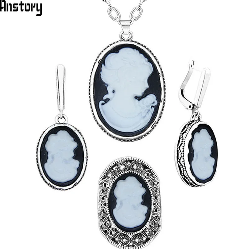 Lady Queen Cameo Jewelry Sets Vintage Necklace Earrings Ring For Women Flower Pendant Fashion Party Fashion Jewelry