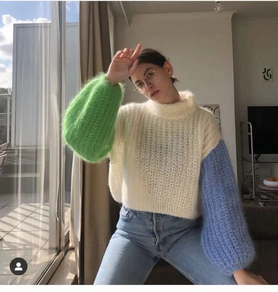 

two color Lantern Sleeve Sweater jumper for 2020ins languid hand color women