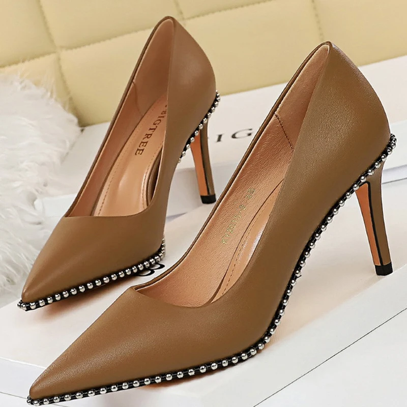 

Shoes Rivet Woman Pumps 2021 New High Heels Stiletto Pu Leather Women Heels Sexy Party Shoes Female Heel Plus Size 43