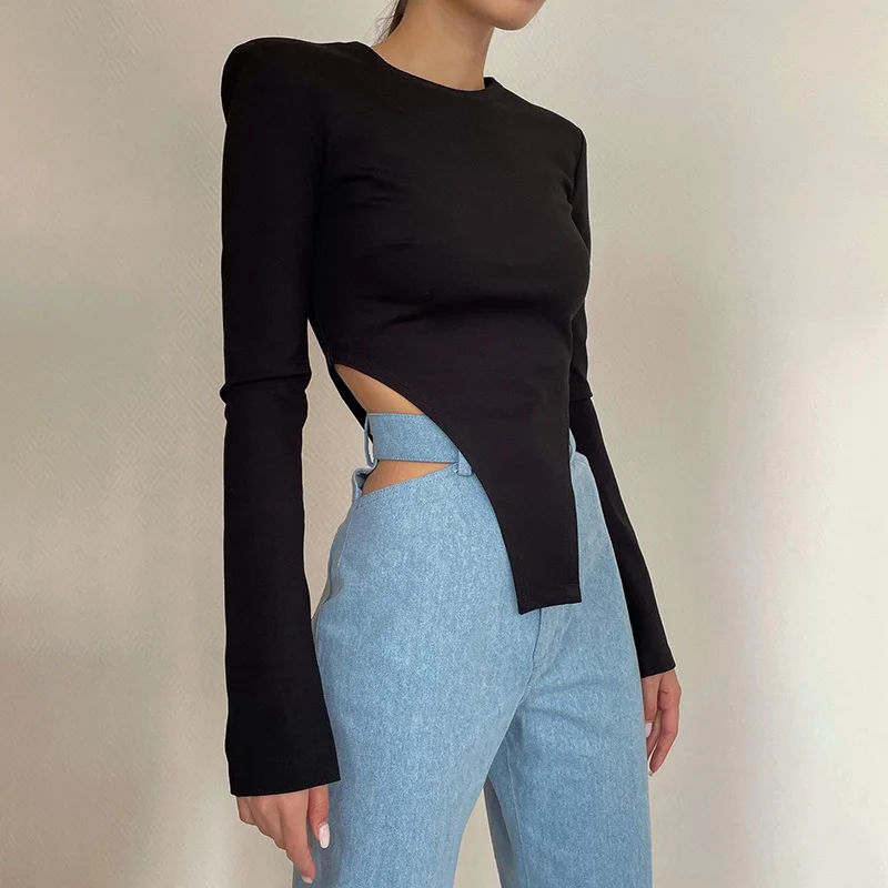 

Hirigin Весна-Осень футболка с длинным Расклешенным рукавом укороченные топы 2021 пикантные женские с круглым вырезом и асимметричным подолом о...