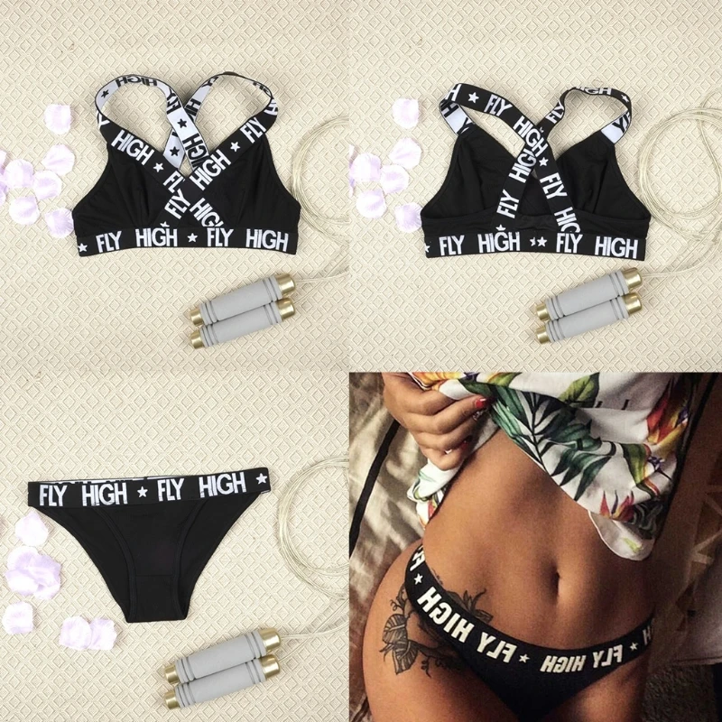 Women Bralette Set Letter Print Triangle Cup Sports Bra Thong Briefs Underwear X3UE