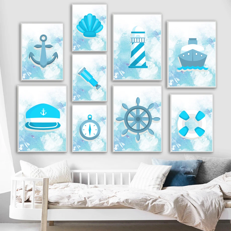 

Cartoon Sailing Ship Anchor Rudder Lighthouse Wall Art Canvas Painting Nordic Posters And Prints Wall Pictures Kids Room Decor