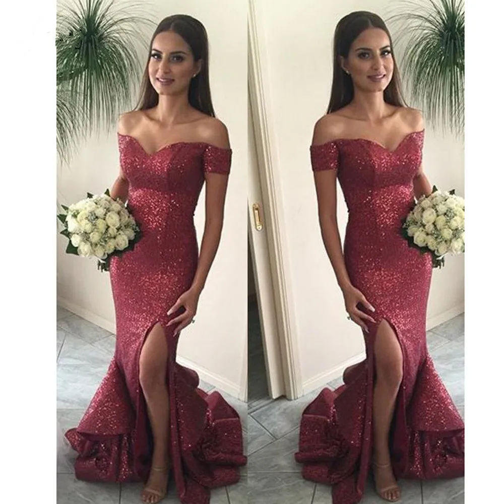 Женское платье-Русалка с открытыми плечами винно-Красное длинное платье