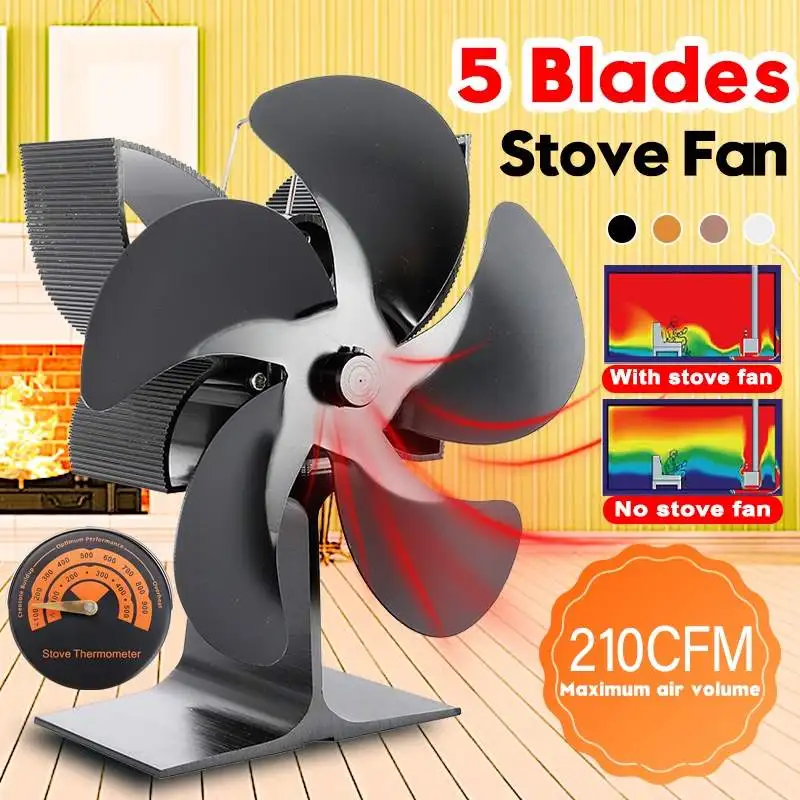 

5-лопастной черный камин Komin, деревянная горелка, экологически чистый тихий вентилятор, домашнее эффективное распределение тепла