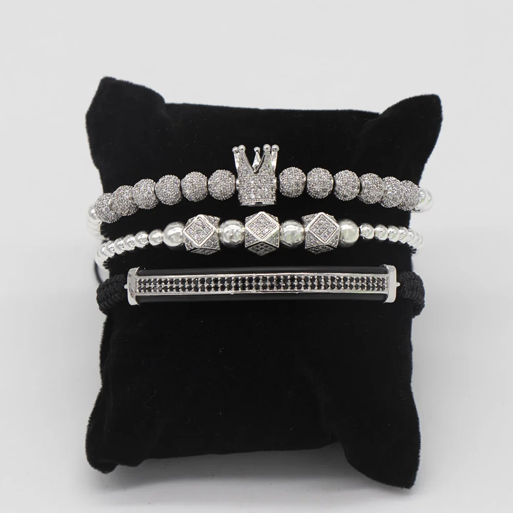 3pcs set silver Мода роскошный Римский Королевский браслет с шармом с короной для мужчин Золотой Плетеный Регулируемый мужской браслет для хип хоп ювелирный подарок - Metal Color: 3pcs set silver
