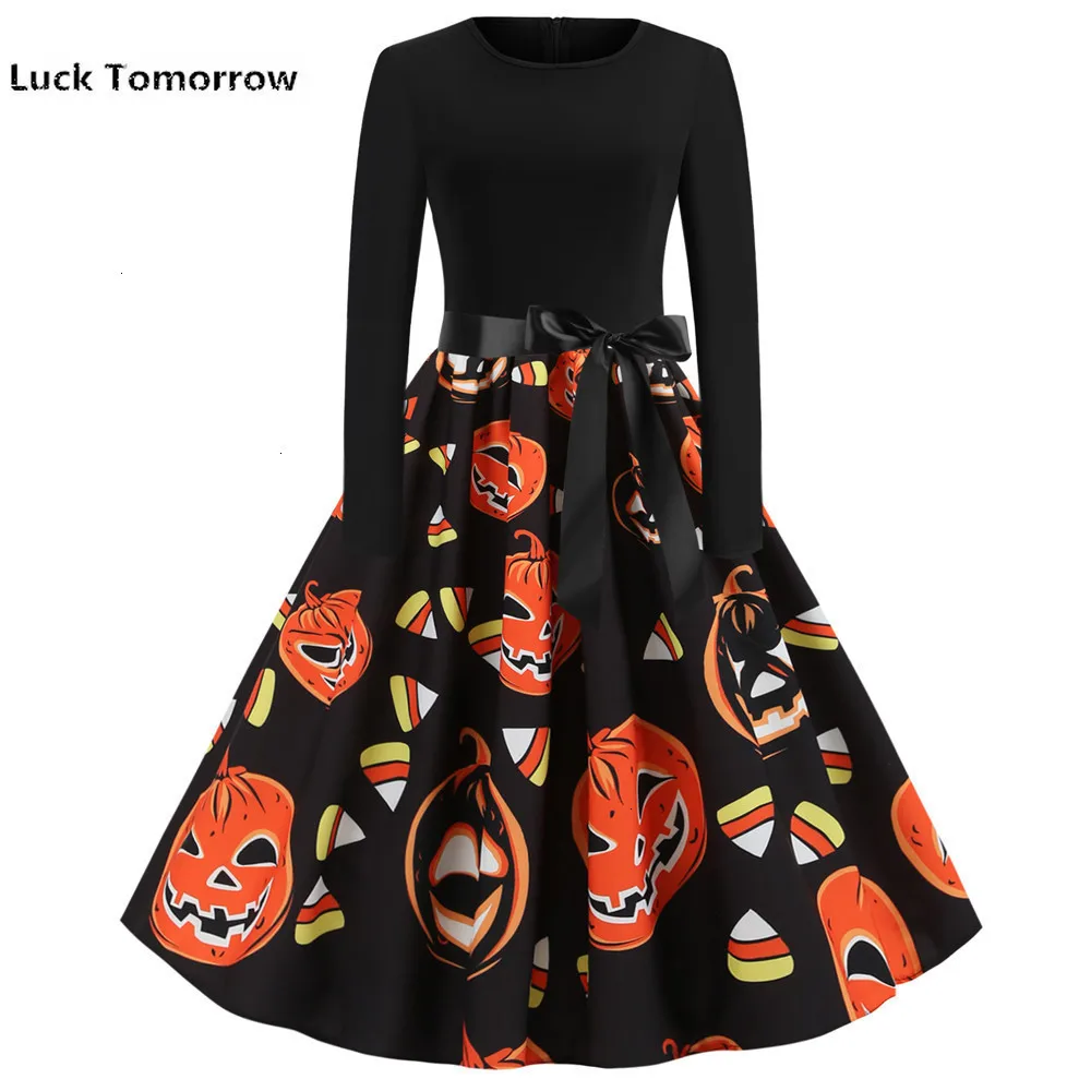 Новинка 2019 женское осеннее платье черное винтажное с принтом тыквы Vestidos большие
