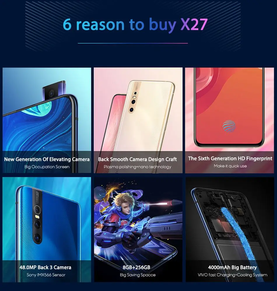 Смартфон Vivo X27 4G LTE Snapdragon 710 Android 9 0 6 39 дюйма IPS 256 x 8 + Гб сканер отпечатка пальца 48