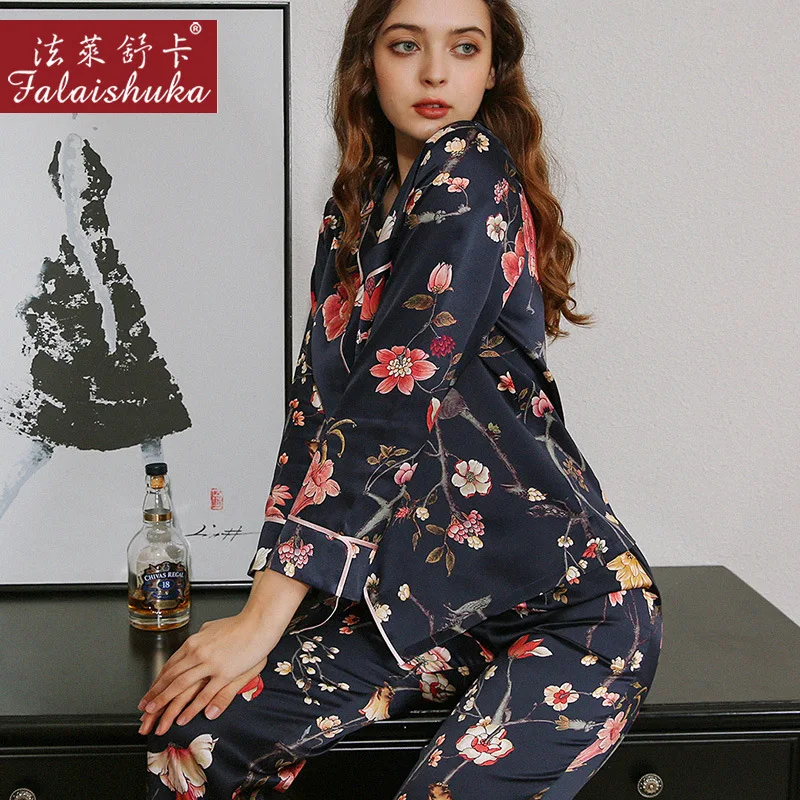 100% Silk Homewears Pajamas Set Women Floral Print 2021 Summer Spring Female Home Wears Two Piece Pajamas Set Sleepwear