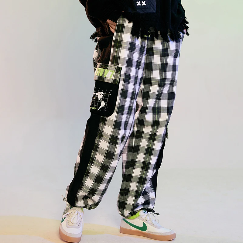 JING ZHE Autumn Women's Pants Plaid Sweatpants Joggers Women High Street Fashion Streetwear Pockect Loose Trousers Harem Pants