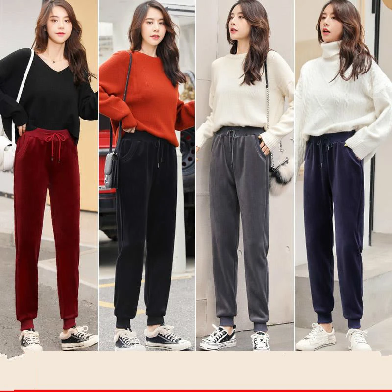 Женские зимние плотные бархатные брюки теплые женские повседневные свободные