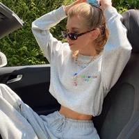 2021 new womens embroidered letters ultra short tops street trends round neck letters embroidered loose basic tops sweater