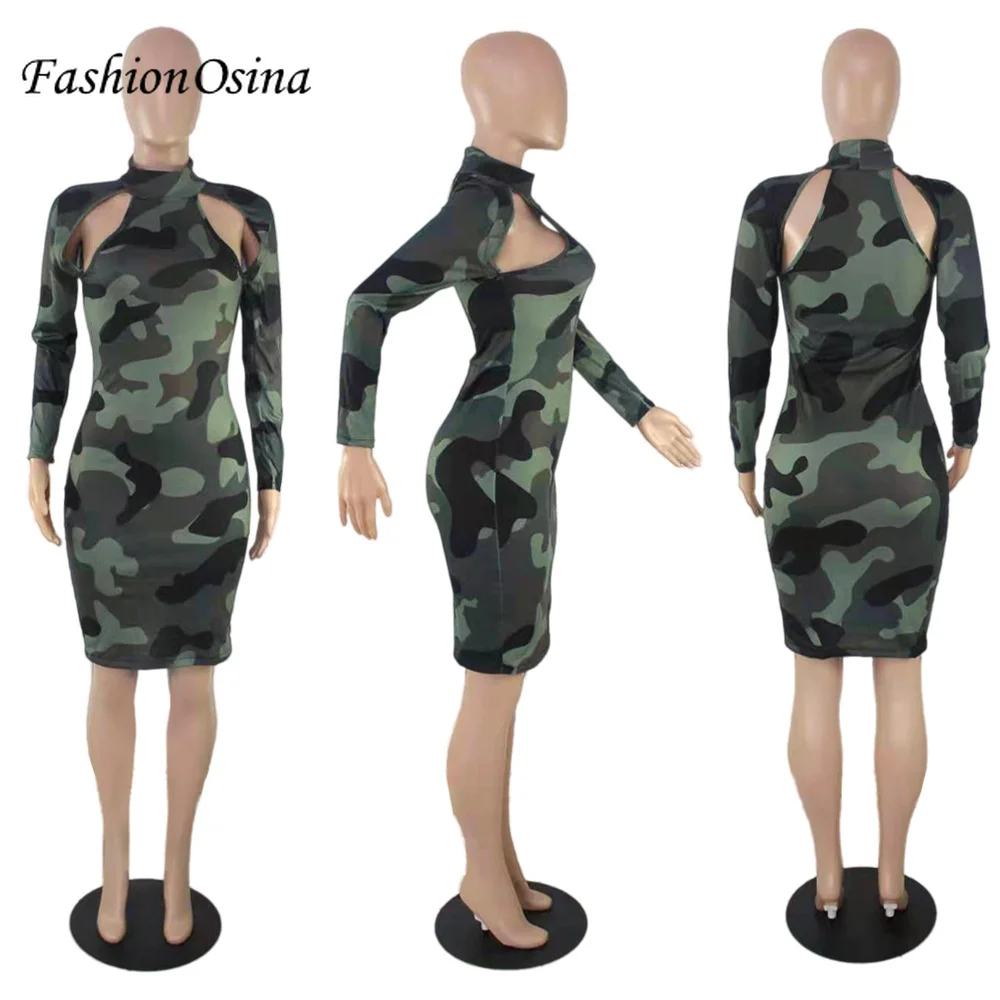 

Sexy Hollow Out Bodycon Woman Dress Fall Winter Camouflage Print Long Sleeve Turtleneck Knee-length Dresses For Women Ropa Mujer