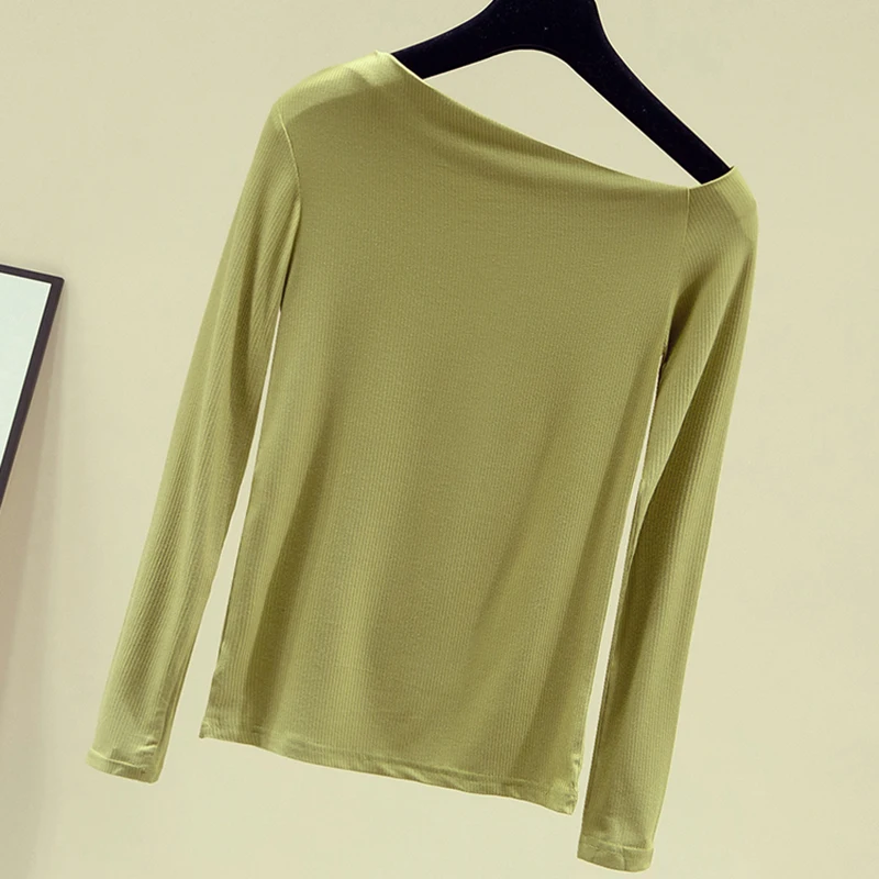Осенняя мода 2020 Сексуальная футболка с вырезом лодочкой женская длинным рукавом
