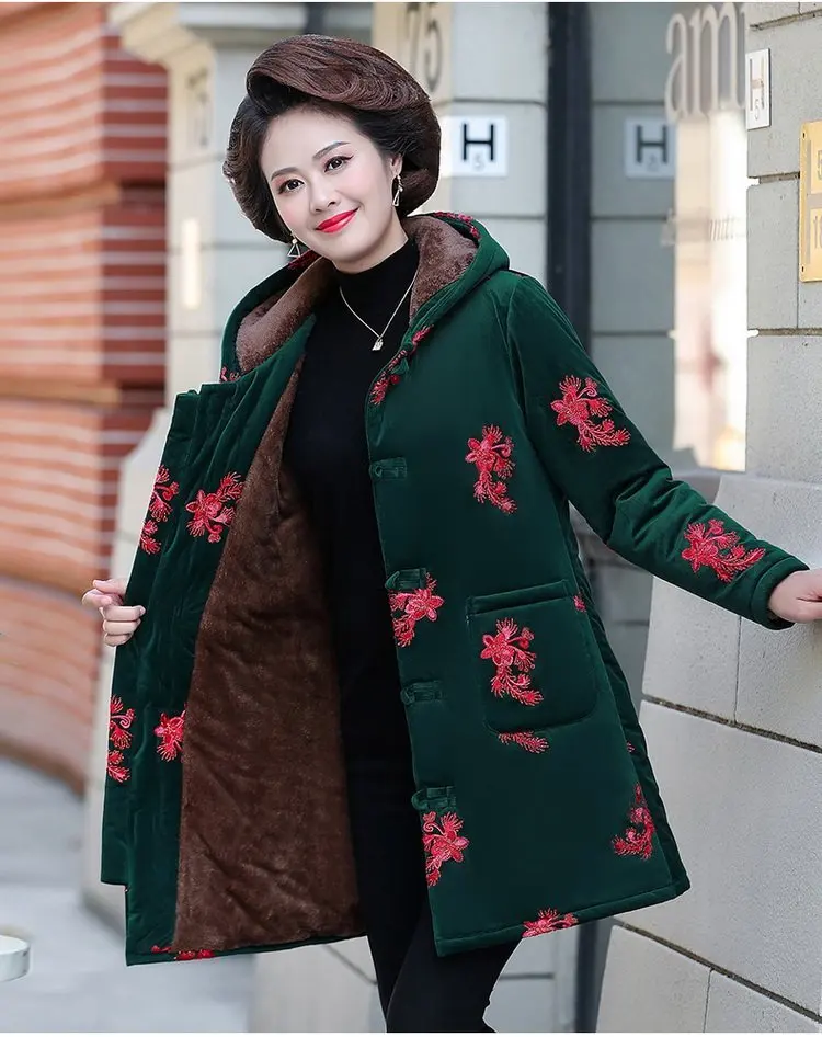 

Middle Age Women Winter Tops Big Size Mother ClothesFemale Parka Thick Warm embroidery Coats Hooded Outerwear Plus Size