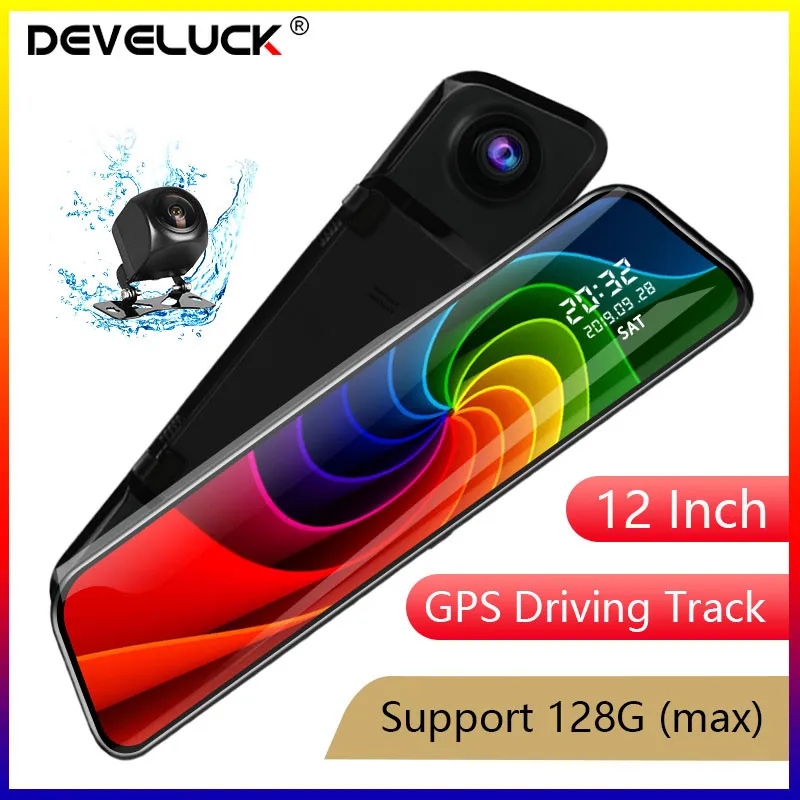 Автомобильный видеорегистратор DEVELUCK 12 дюймов IPS 1080P с двумя объективами GPS-треком