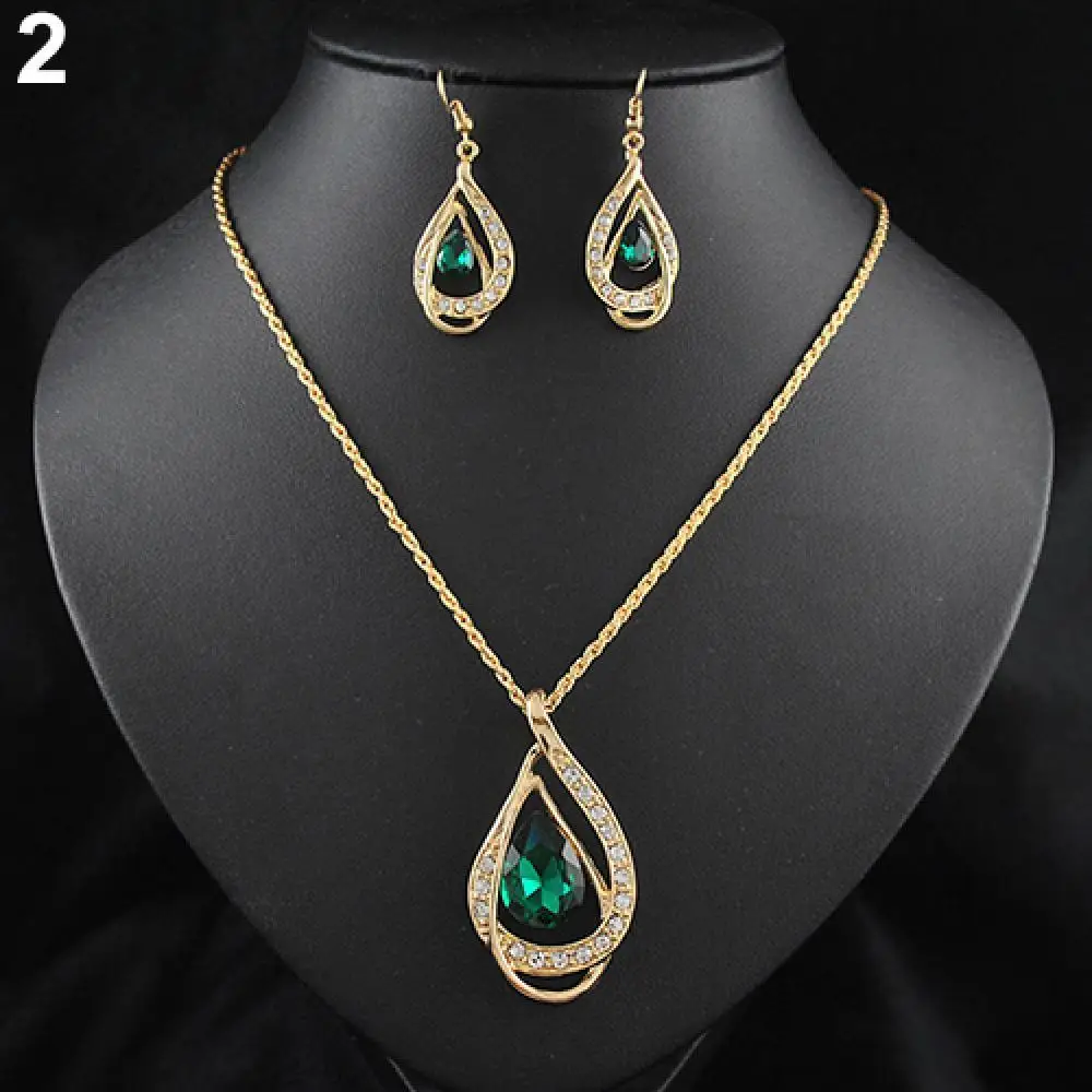 

Banquet Party Jewelry Set Waterdrop Crystal Stone Earrings Pendant Necklace Golden Chain Banquet Party Jewelry Se