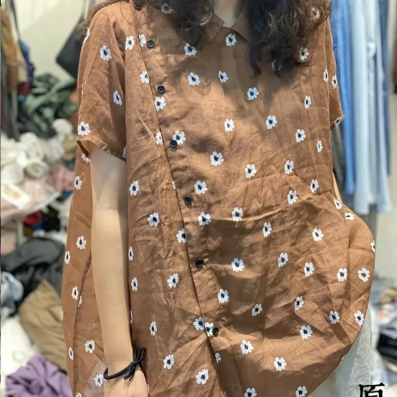 

Summer New Style Thin Print Linen Casual Loose Short Sleeve Shirt for Ladies Button Up Korean Fashion Shirts Tops Mujer