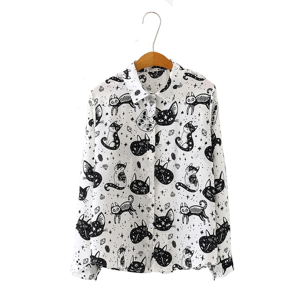 

2020 Spring&Autumn Woman Loose Cartoon Cat Print Shirt Blouse