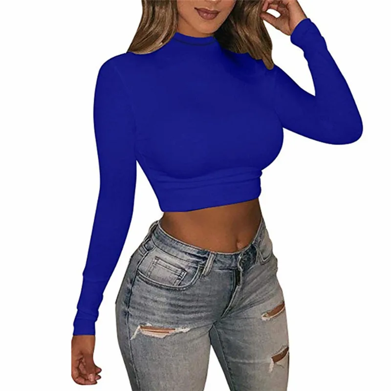 

Women Solid Color Turtleneck Long Sleeve Crop Top Slim Pullover Casual Tank Base T- Shirt Fluorescent Green Top New