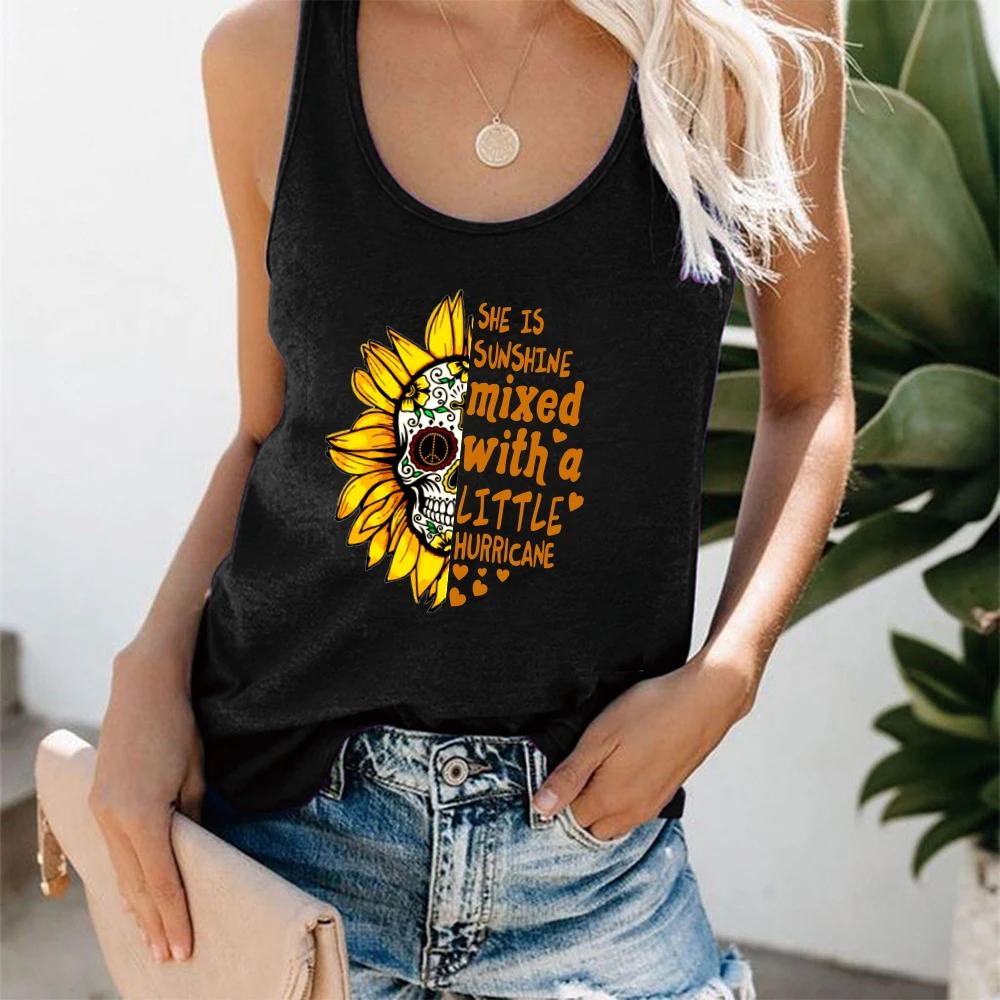 

She Is Sunshine Mixed with'a Little Hurricane Sunflower Skull Print Funny Women Tank Tops Sleeveless Top Camiseta Tirantes Mujer