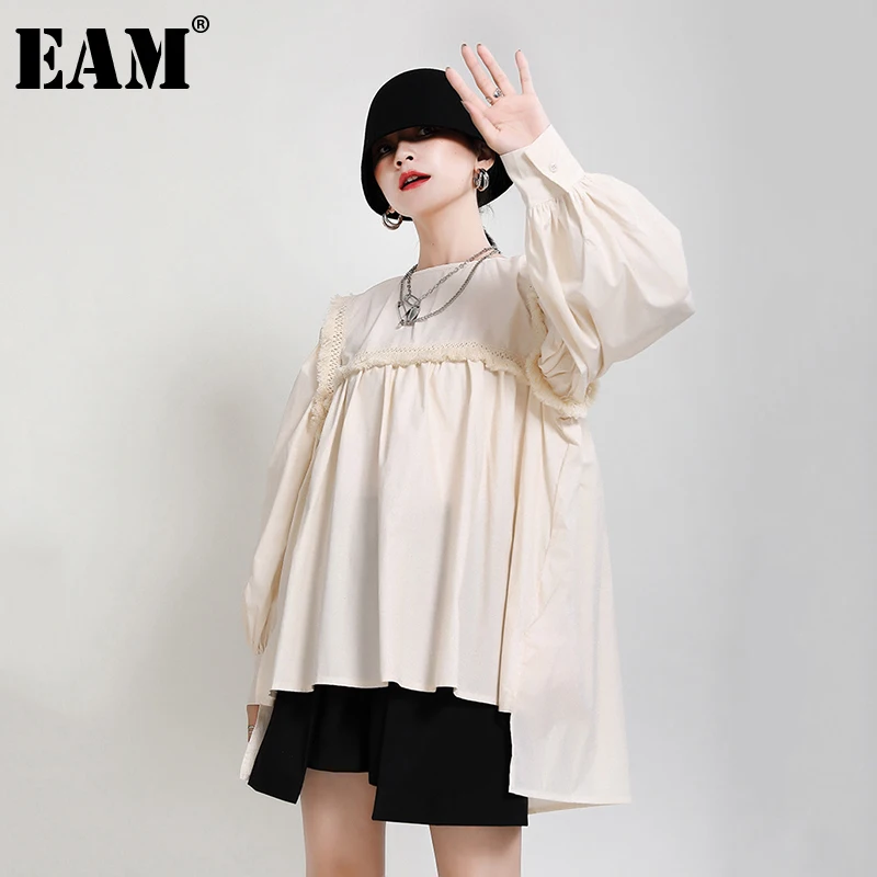 

[EAM] Women Tassel Irregular Spliced White Blouse New O-neck Long Sleeve Loose Fit Shirt Fashion Tide Spring Autumn 2021 1DD5191