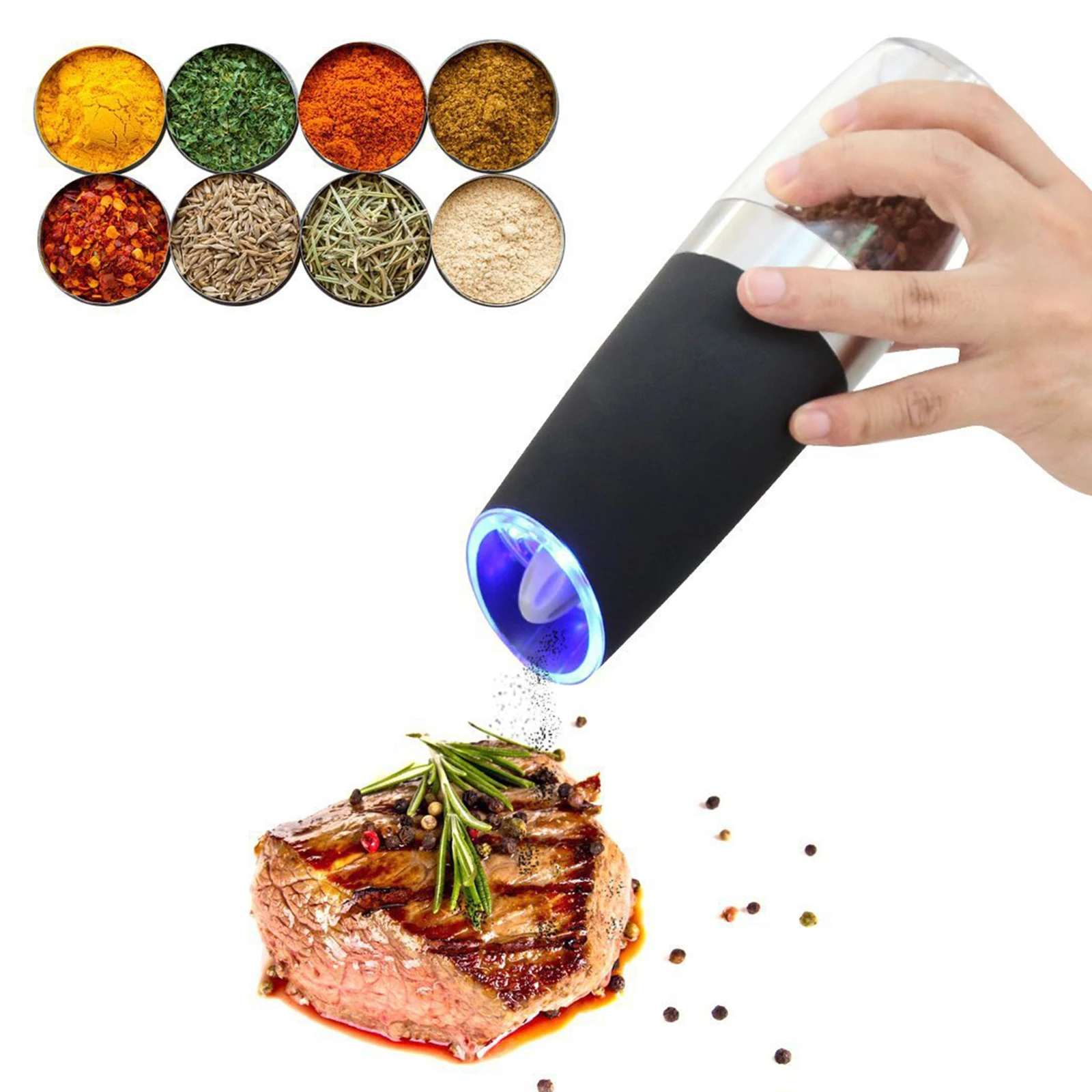 

Amazon-Quality Electric Pepper Mill Gravity Induction Stainless Steel Salt Spice Grinder LED Light Kitchen Tool