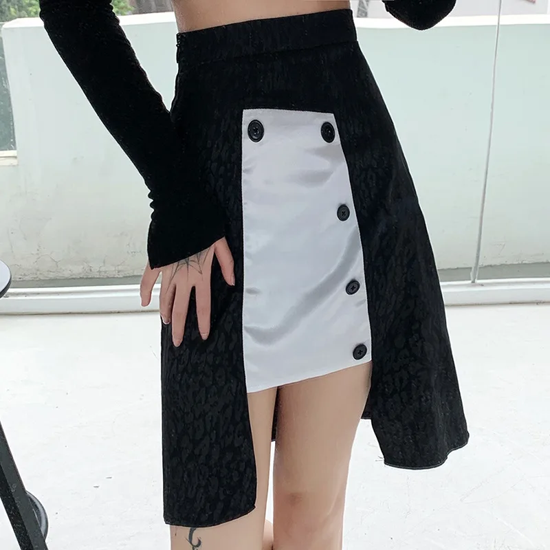 

2021 New Women's High Waist Leopard Print Stitching A-line Skirt Slim Mini Skirt Streetwear Fashion Button Short Skirts Slim Hip
