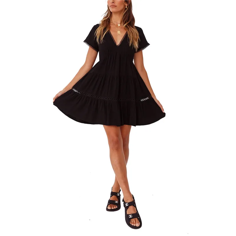 

Solid Hollow Out Short Dress Women 2021 New Sexy V Neck Ruffles Sleeve Hollow Lace Dress Oversize Loose Summer Ladies Dresses