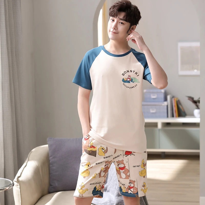 NANJIREN Mens Pajamas Set Summer Home Casual Short Sleeves O-NECK Shirt Shorts Pajamas Set for Men Cartoon Sleepwear Set