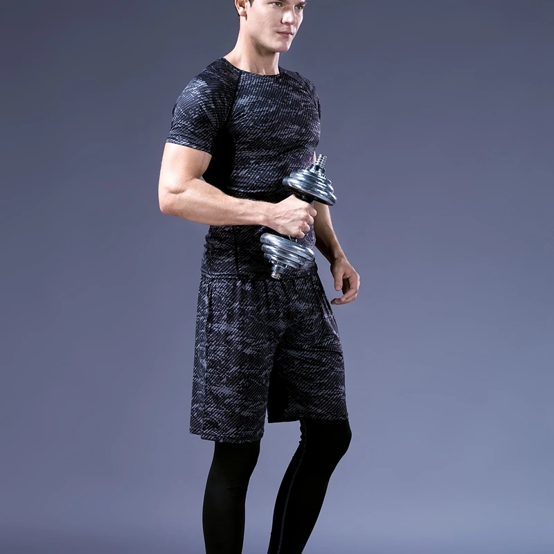 

Fashion Men's Suit 3 Piece Sportswear Suit Football Fitness Mountain Climbing Running Sports Suit Printed Gray