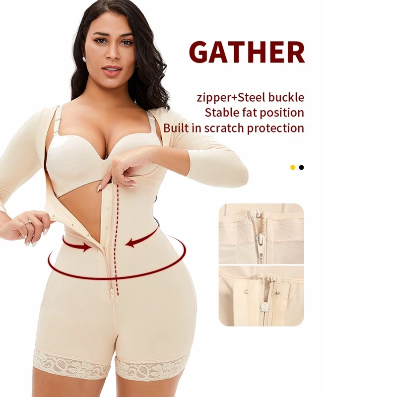 Women Body Shaper Seamless Long Sleeve U-Design Abdomen Shapewear Bodysuit Zip Strap Postpartum Full Body Shapewear Plus Size