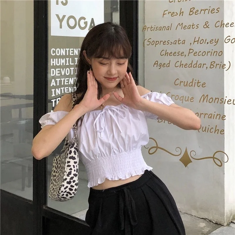 

Deeptown Off Shoulder Puff Sleeve Blouse Women Plaid Shirt Ladies White Black Tops Korean Style 2021 Fashion Sexy Top Kpop Chic