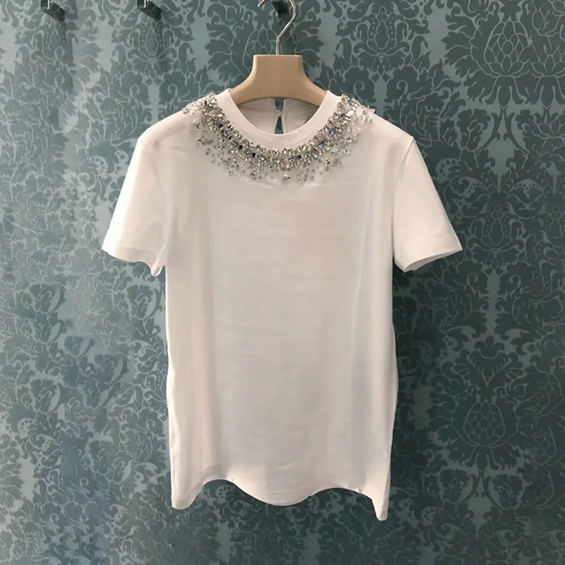 

Gorgeous light luxury 2021 summer all manual heavy industry nail bead inlaid diamond round neck versatile cotton loose white