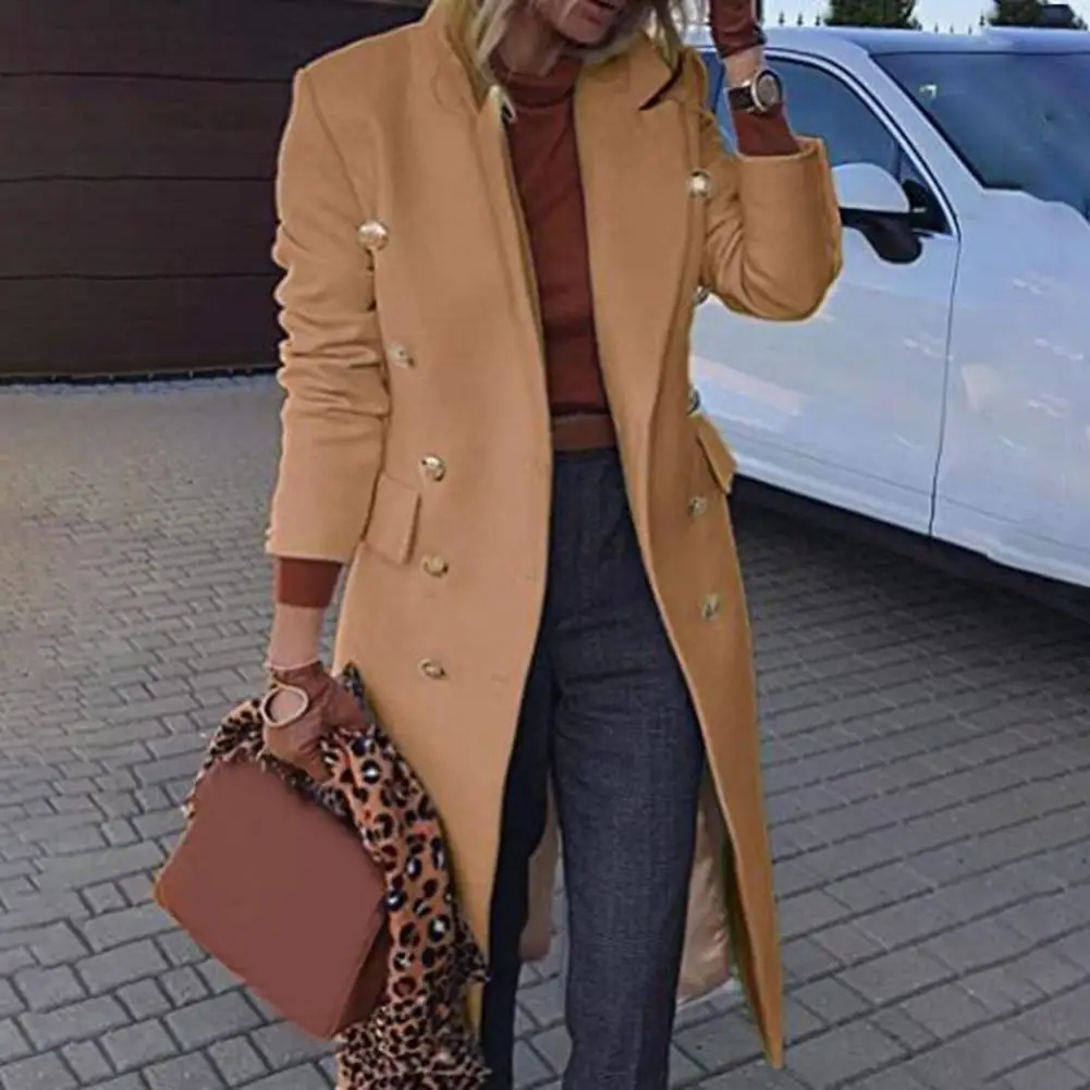 

Wool Coat Women Solid Slim Fits Double-breasted Autumn Winter Turn-Down Collar Ladies Knee Length Blends Coat Plus Size Overcoat