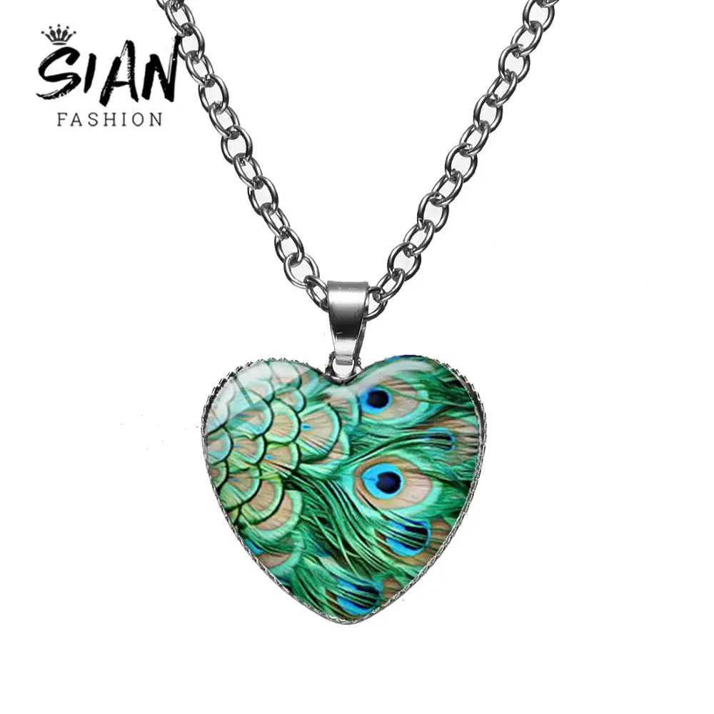 Новое Классическое ожерелье с зеленым павлином и перьями в форме сердца принтом