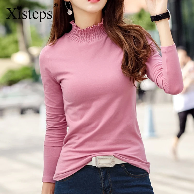 

Xisteps однотонные Цвет с высоким, плотно облегающим шею воротником футболка с длинным рукавом для женщин повседневные теплые мягкие хлопковы...