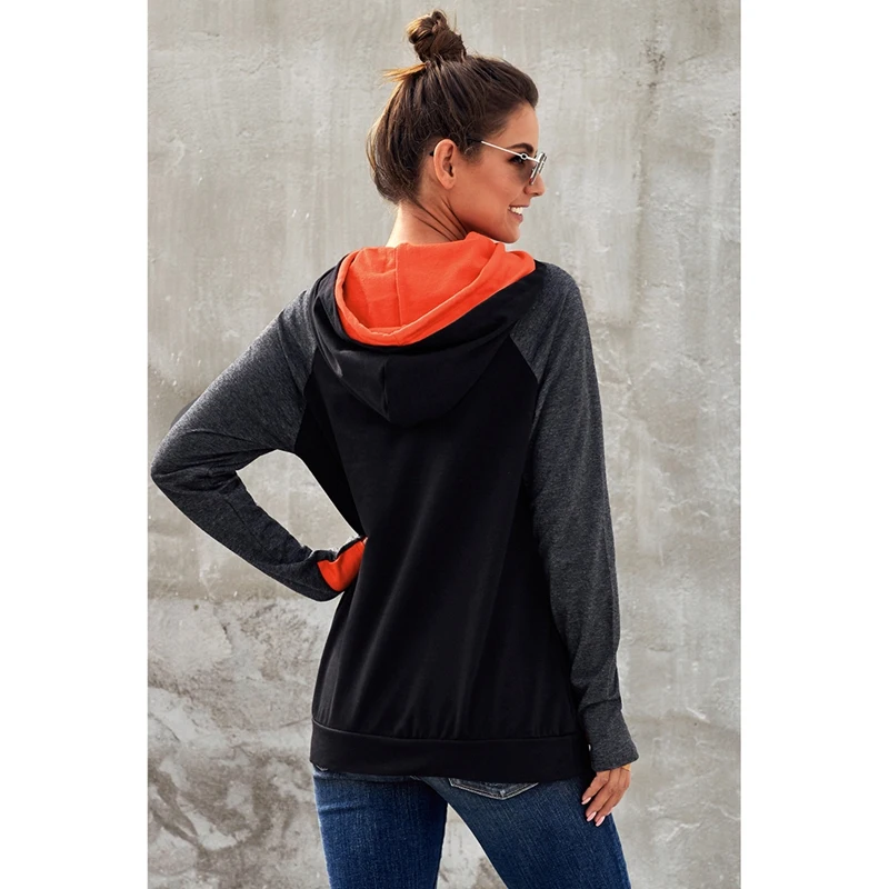 

Women Zipper Hoodie Halloween Print Long Sleeve Collar Casual Tops Pullover Black