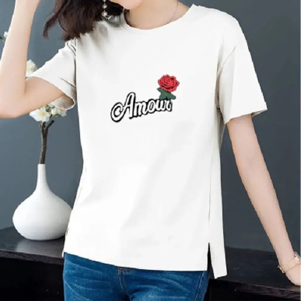 

Short Sleeve T Shirt Women Fashion Casual Short Sleeve Flower Letter Printed O-neck Blouse Ladies T-shirt Tops