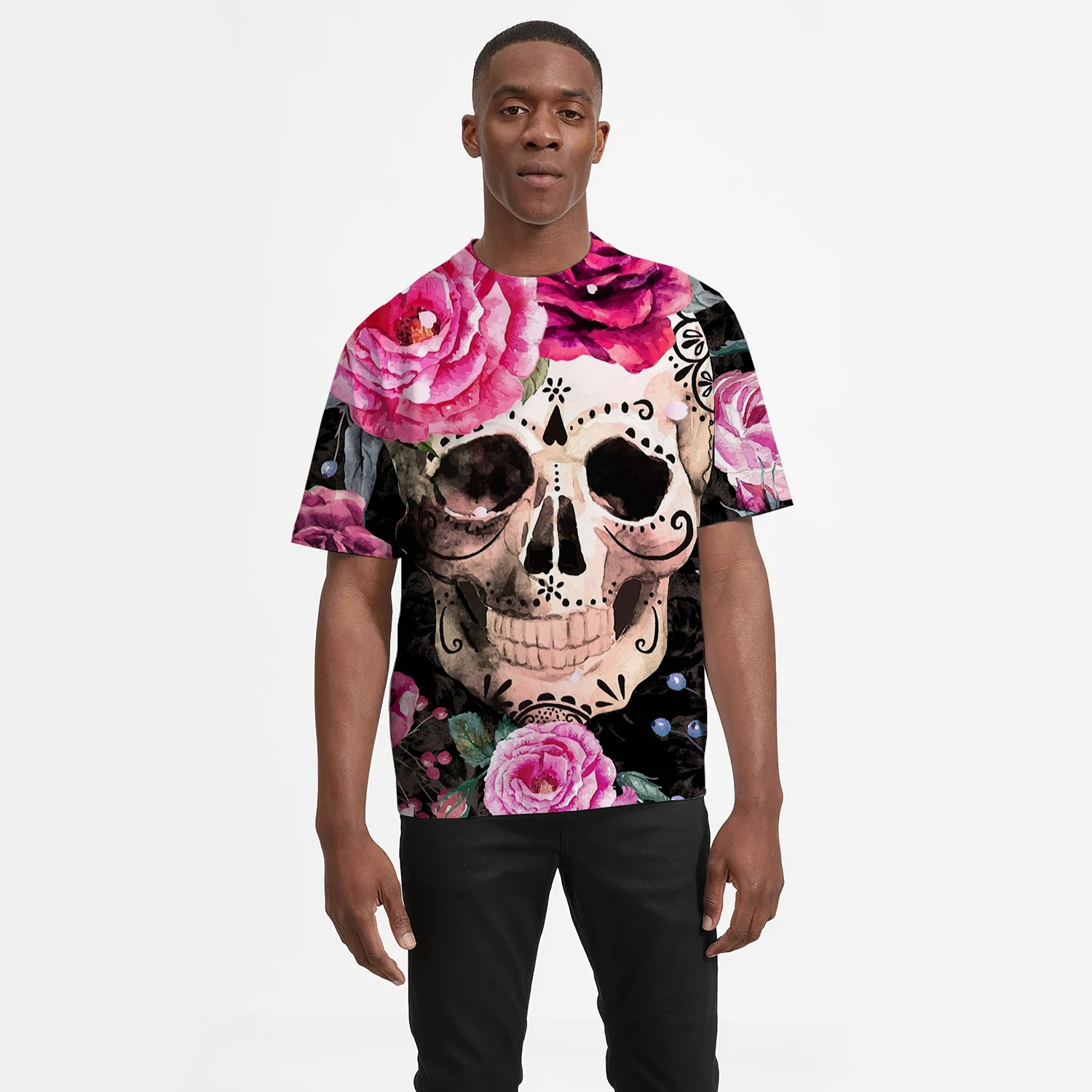 

2021 New Skull Flower Men's Tshirt Causal Short Sleeve Shirt Hot Sale Streetwear Oversized T shirt Man Sweatshirt Causal Tees