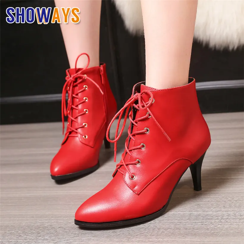 

Winter Women Ankle Boots Black Red PU 6cm High Thin Spike Heel Casual Lady Pointed Toe Lace-up Plush Zipper Vintage Martin Boots