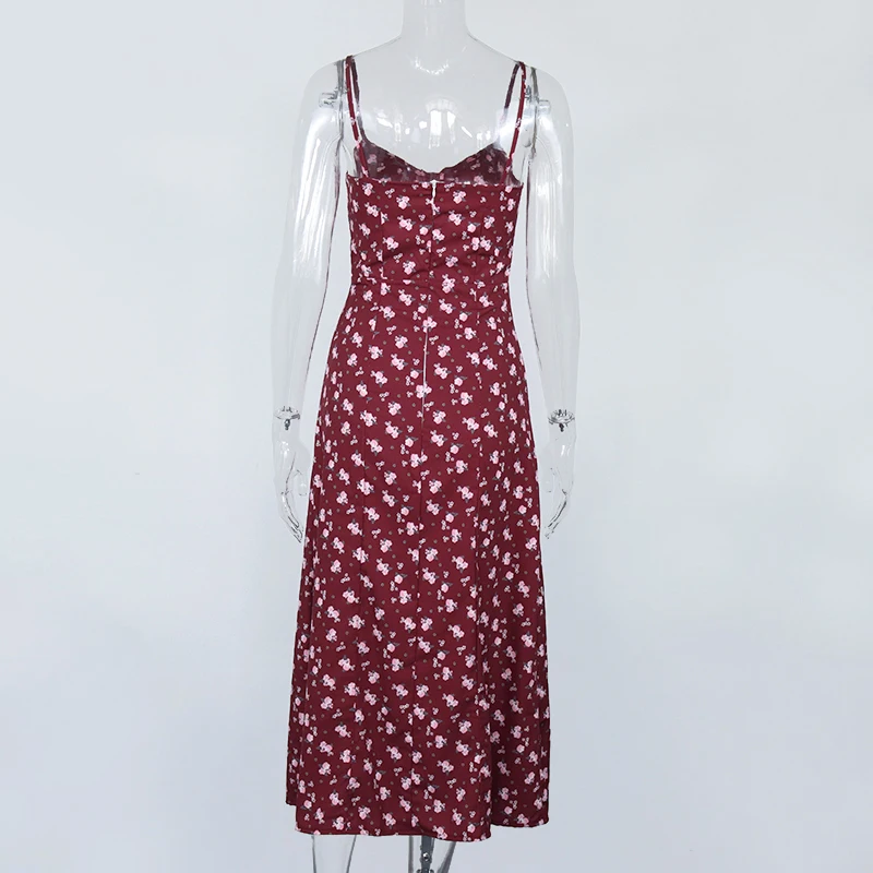 

Wine Floral Print Sleeveless Women Dress Summer Prairie Chic Straps Backless Chest Draped Lace Up Side Split Sexy Long Dress New