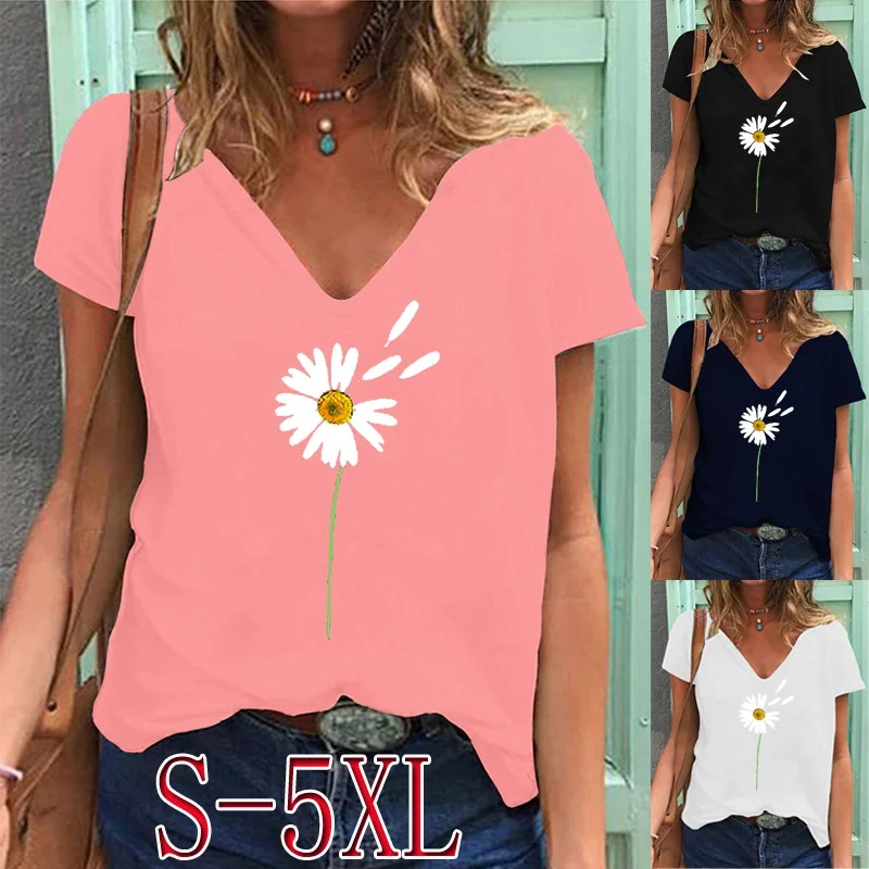 

Женская летняя футболка с цветочным принтом, Повседневная футболка с коротким рукавом и глубоким V-образным вырезом, однотонный пуловер, бл...